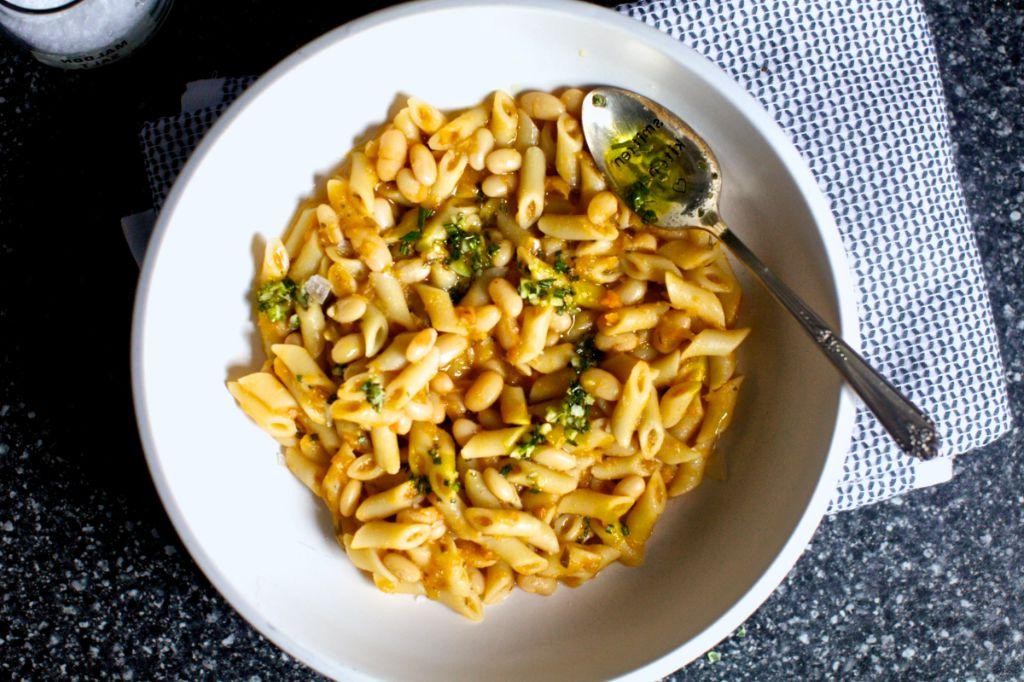 Roasted Garlic and White Bean Pasta Bake
