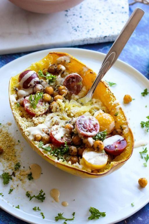 Roasted Spaghetti Squash with Lemon Herb Tahini Dressing