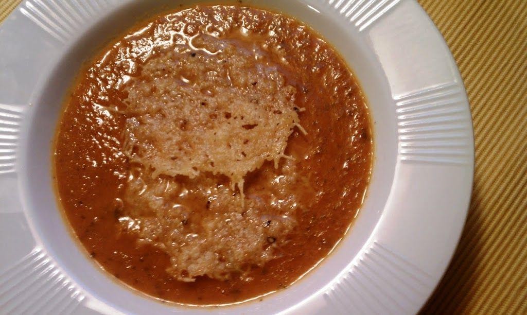 Roasted Tomato Basil Soup with Parmesan Crisps