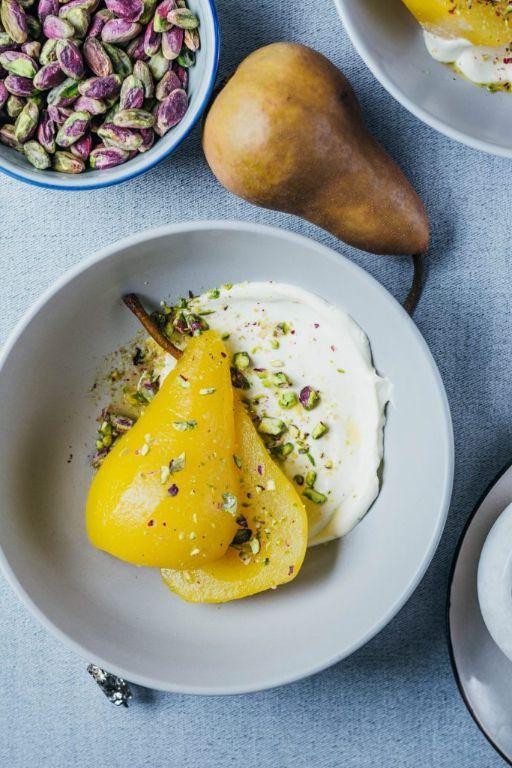 Rose Hip Poached Pears with Cardamom