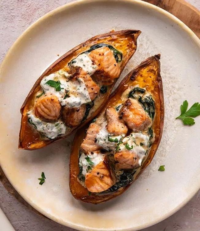 Salmon and Spinach Stuffed Sweet Potatoes