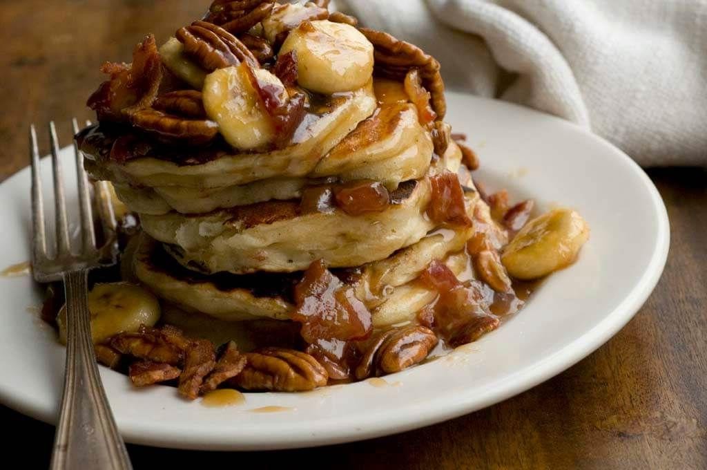 Savory Banana Pancakes with Bacon and Maple Syrup