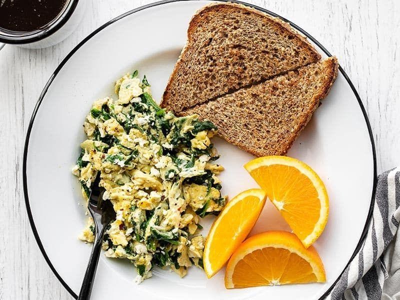 Scrambled eggs with spinach and feta