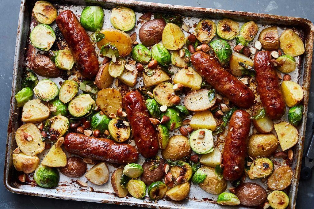 Sheet Pan Sausage and Veggies with Mustard Glaze