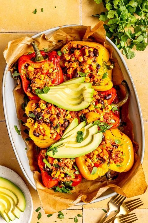 Southwest Stuffed Pepper Casserole with Corn and Avocado