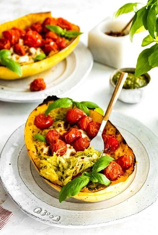 Spaghetti Squash with Pesto and Cherry Tomatoes