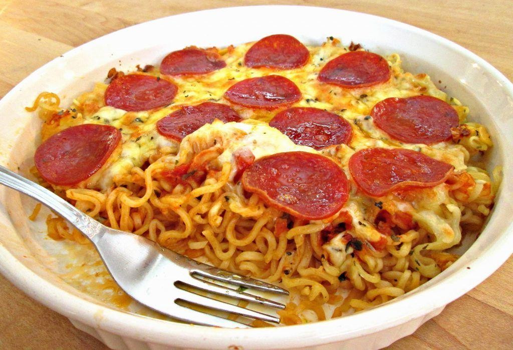 Spicy Ramen Pizza with Mozzarella and Pepperoni