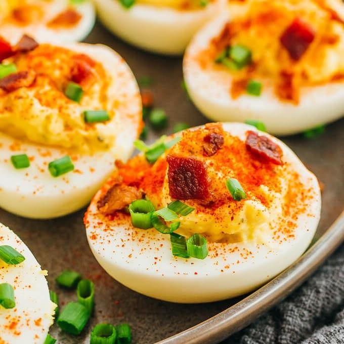 Spicy deviled eggs with crispy bacon