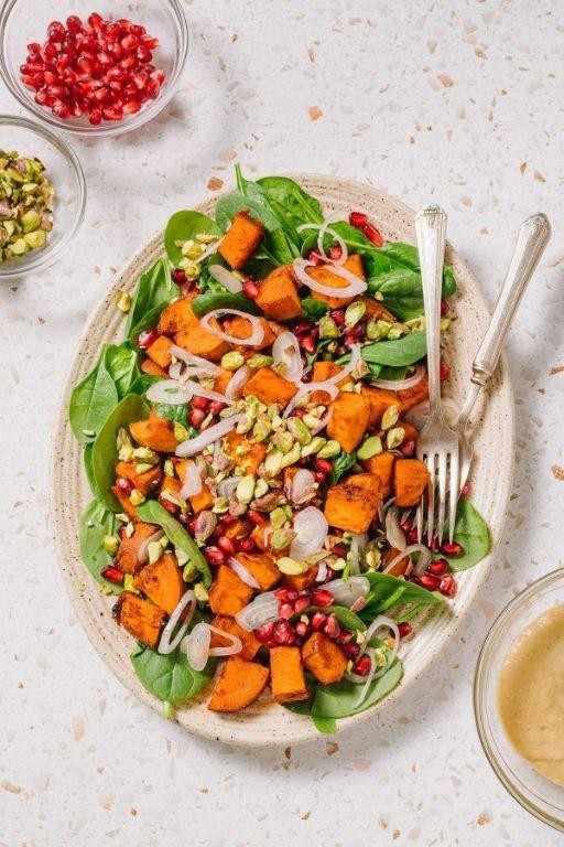 Spinach and Sweet Potato Salad with Tahini Drizzle