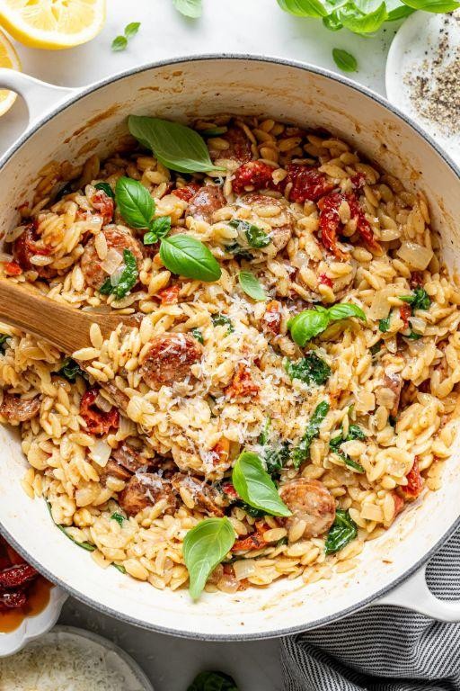 Sun-Dried Tomato and Italian Sausage Orzo Bake
