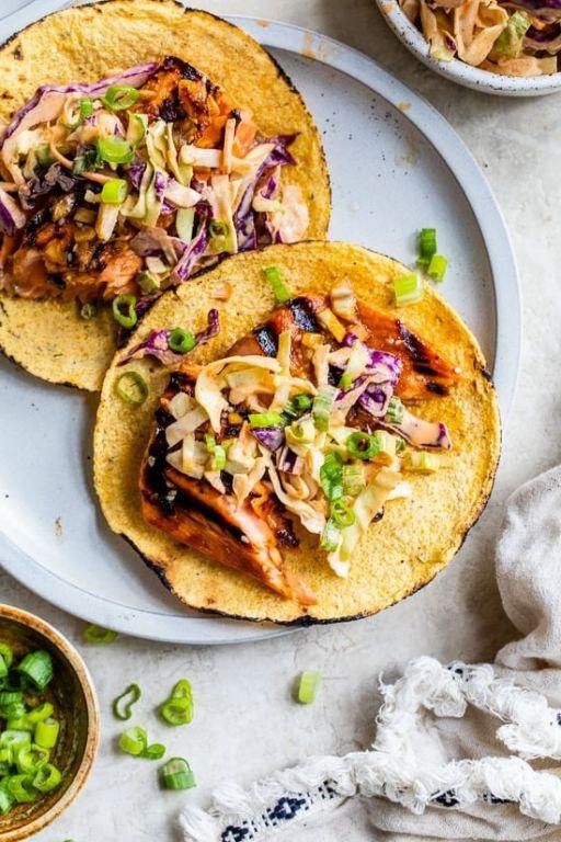 Teriyaki Salmon Tacos with Slaw