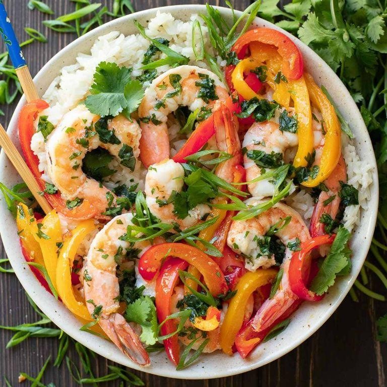 Thai Basil Shrimp with Coconut Rice and Snap Peas