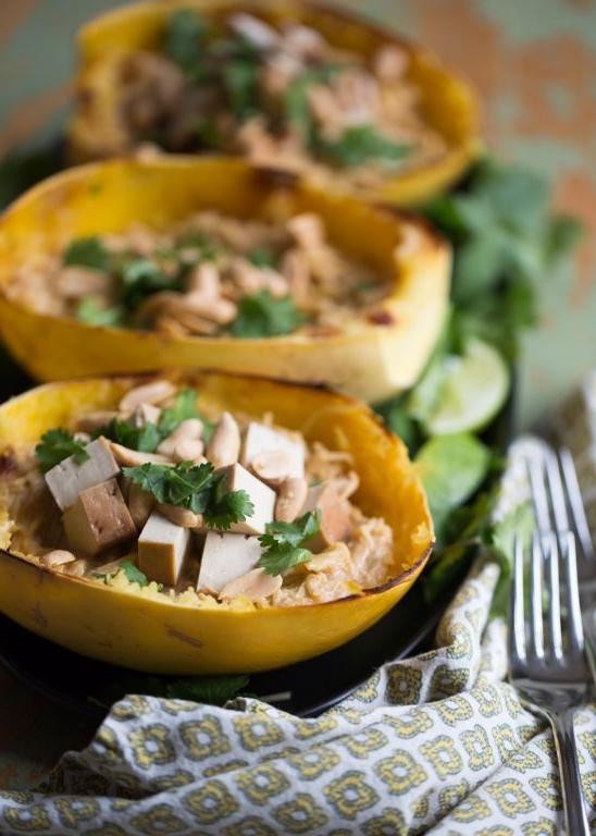 Thai Peanut Tofu Stuffed Spaghetti Squash