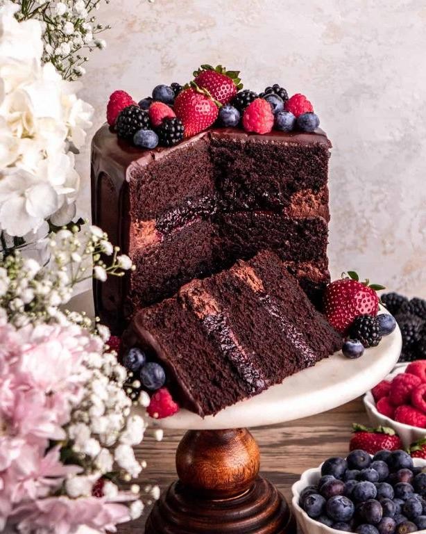 Triple Berry Chocolate Fudge Cake