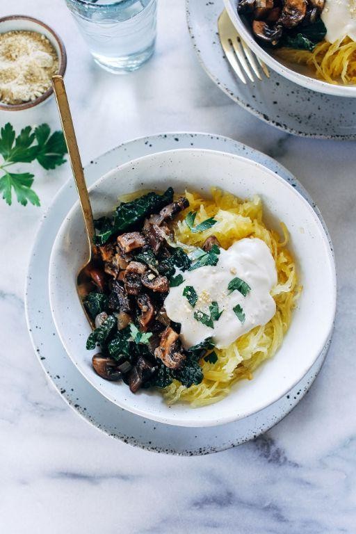Vegan Alfredo Spaghetti Squash with Mushrooms