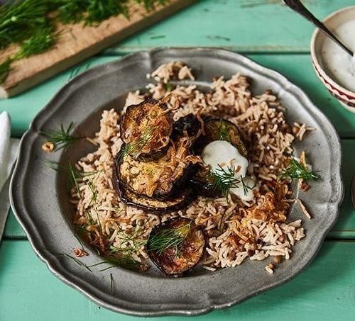 Vegan Mujadara with Roasted Eggplant