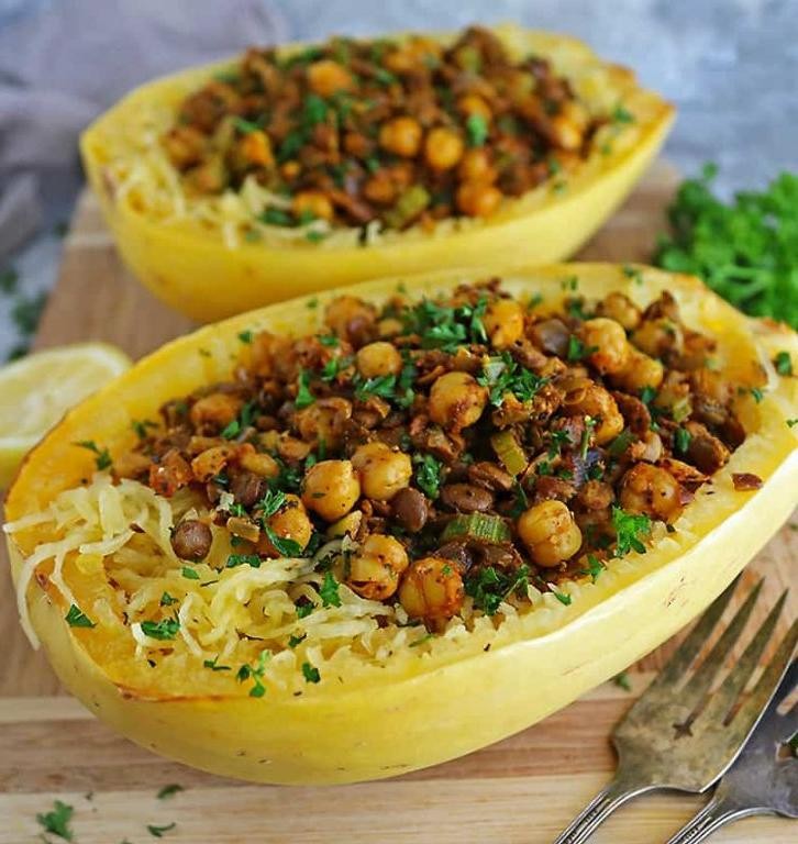 Vegetarian Lentil and Kale Stuffed Spaghetti Squash