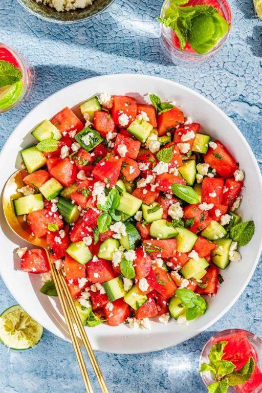 Watermelon Feta Salad with Mint and Cucumber